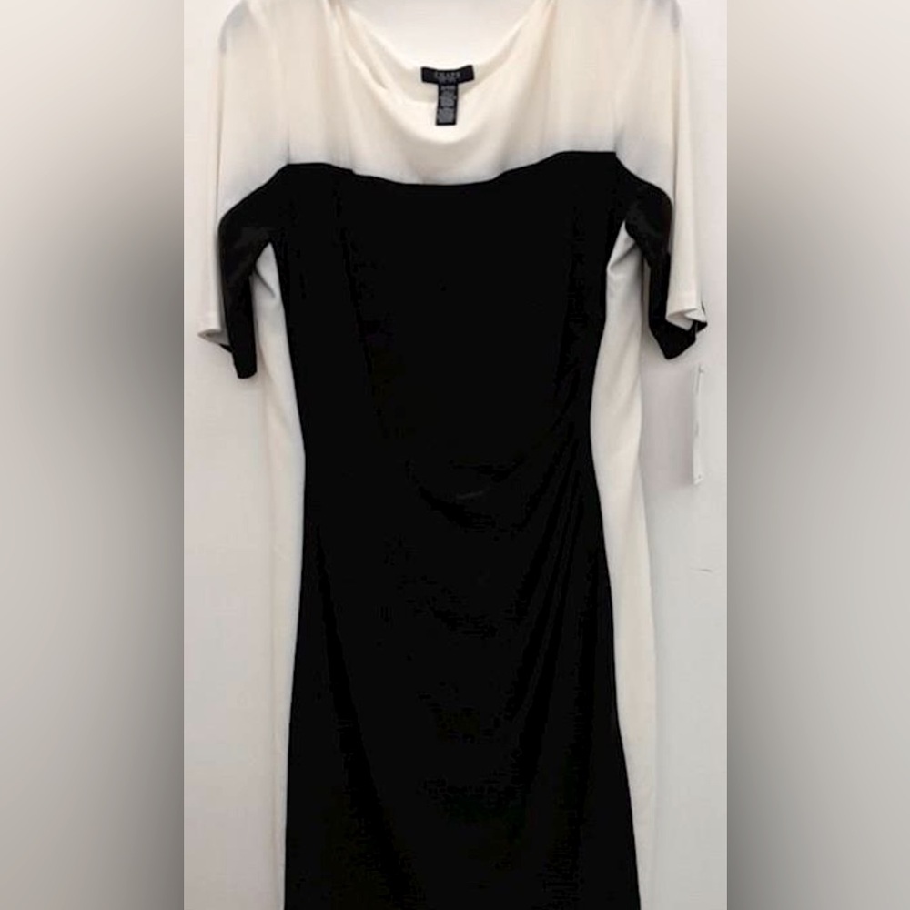CHAPS black and cream dress. Very cute minimizing style. Brand new with tag.